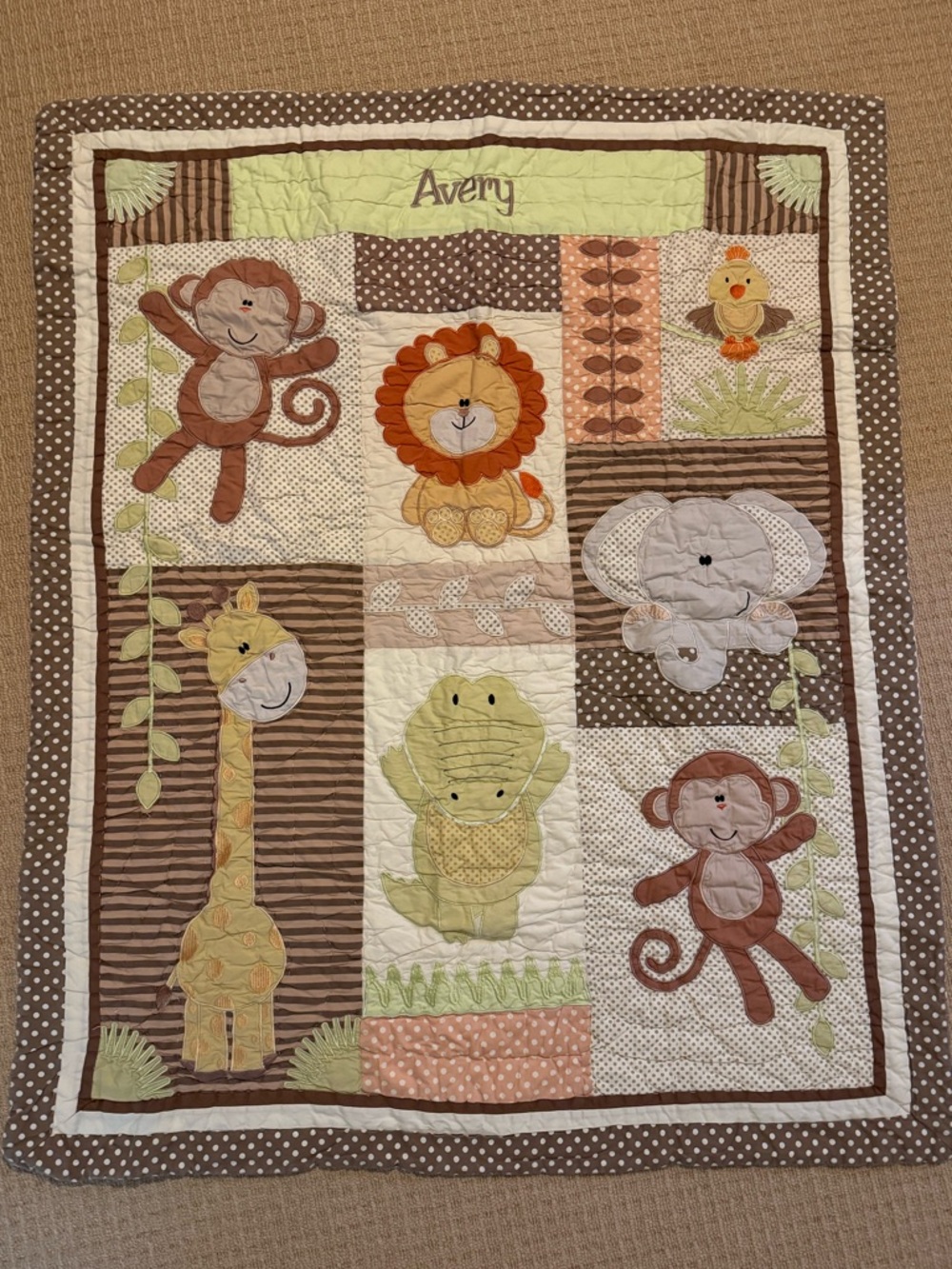 Avery Safari Animal Patchwork Quilt - Brown, Green & Cream